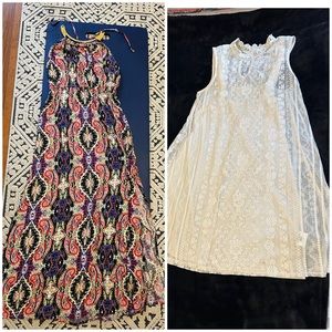 Bundle of 2 dresses, size M. Colorful Maxi dress and offwhite short lace dress